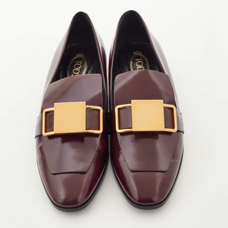 Pre Owned Tod's Plum Leather Metal Buckle Strap Loafers Size 37.5
