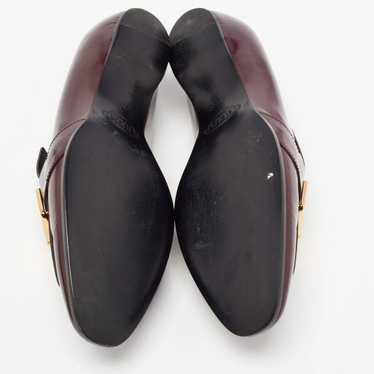 Pre Owned Tod's Plum Leather Metal Buckle Strap Loafers Size 37.5