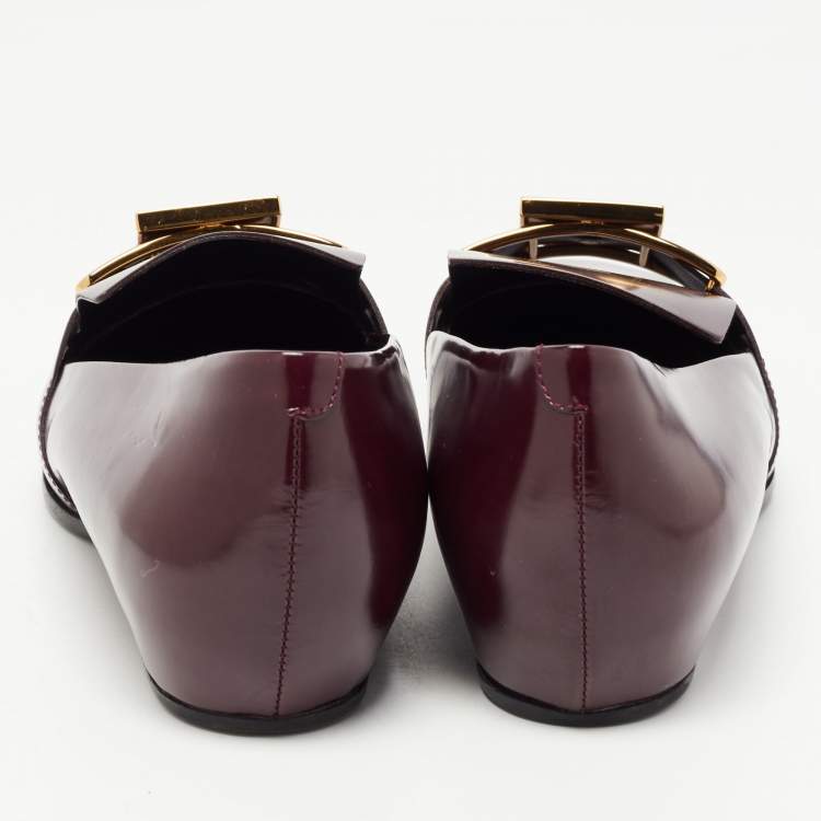 Pre Owned Tod's Plum Leather Metal Buckle Strap Loafers Size 37.5