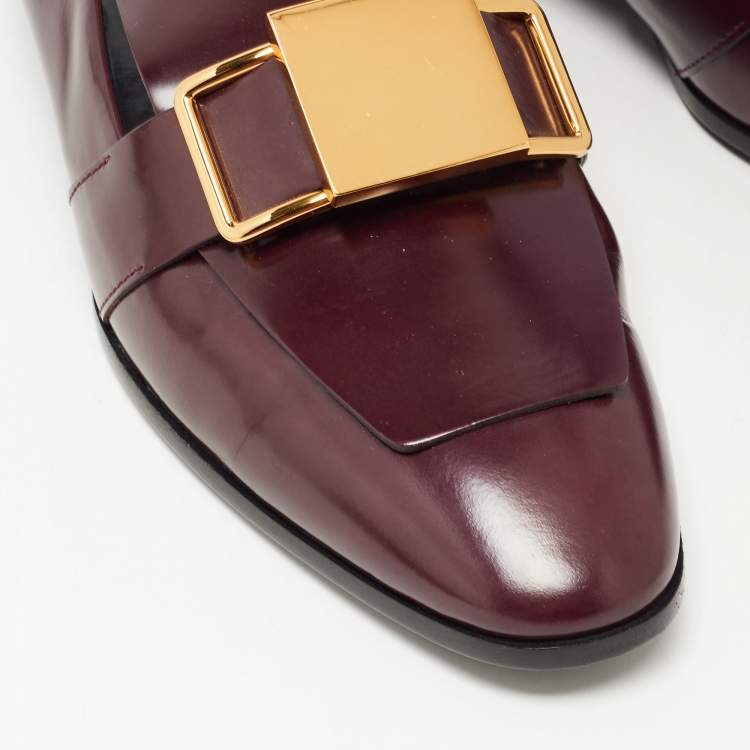 Pre Owned Tod's Plum Leather Metal Buckle Strap Loafers Size 37.5