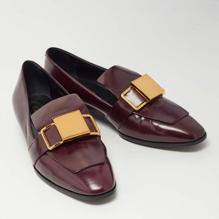 Pre Owned Tod's Plum Leather Metal Buckle Strap Loafers Size 37.5