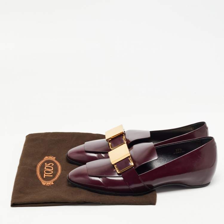 Pre Owned Tod's Plum Leather Metal Buckle Strap Loafers Size 37.5