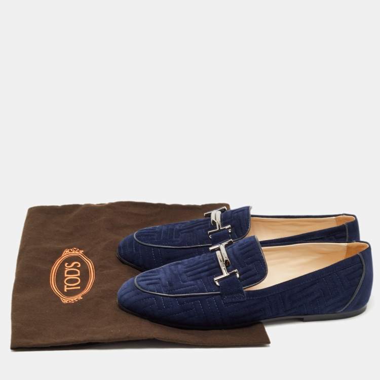Pre Owned Tod's Navy Blue Quilted Suede Double T Slip On Loafers Size 38.5