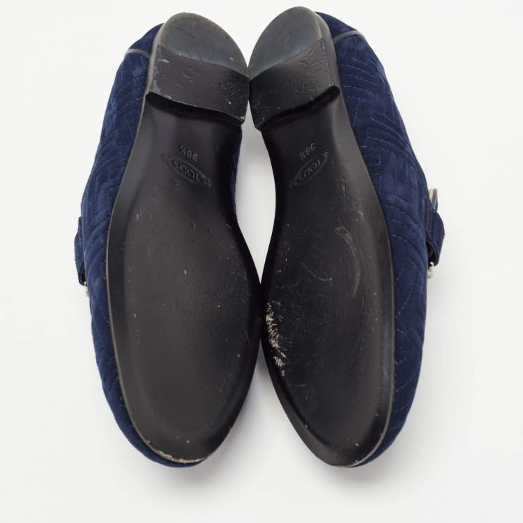 Pre Owned Tod's Navy Blue Quilted Suede Double T Slip On Loafers Size 38.5
