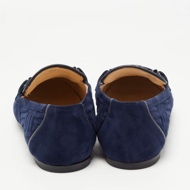 Pre Owned Tod's Navy Blue Quilted Suede Double T Slip On Loafers Size 38.5