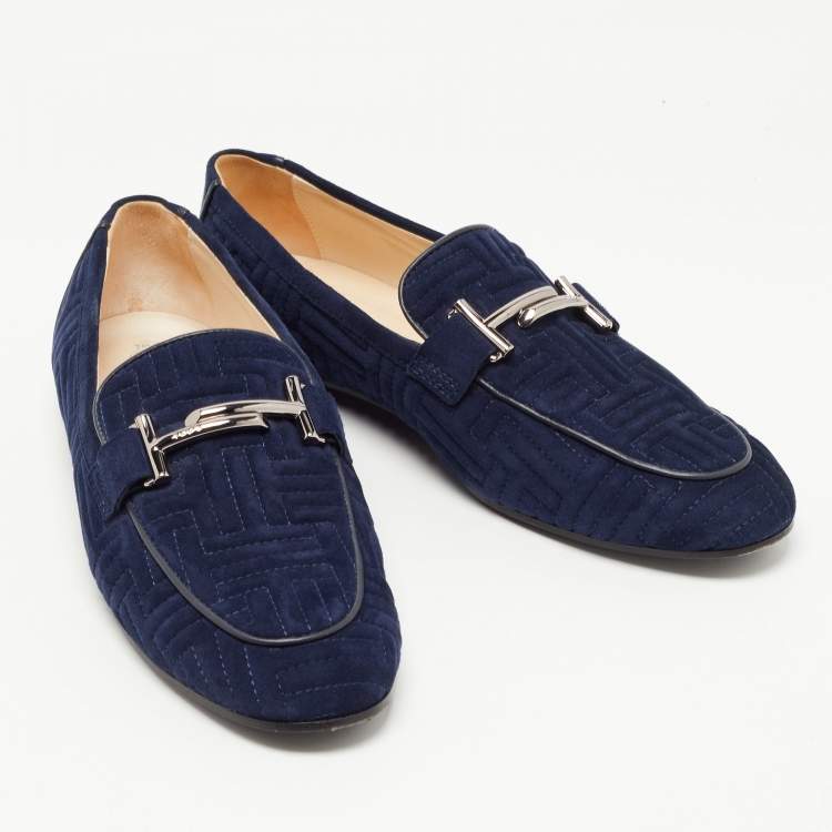 Pre Owned Tod's Navy Blue Quilted Suede Double T Slip On Loafers Size 38.5