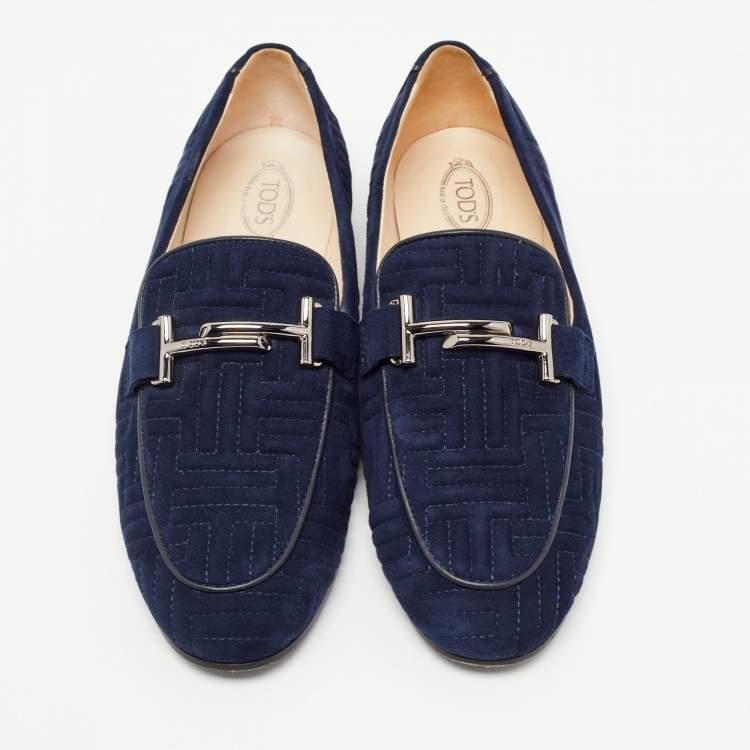 Pre Owned Tod's Navy Blue Quilted Suede Double T Slip On Loafers Size 38.5