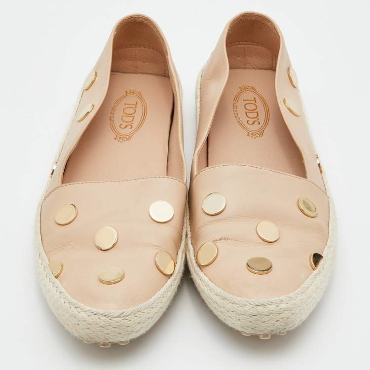 Pre Owned Tod's Beige Leather Studded Espadrille Ballet Flats Size 37.5