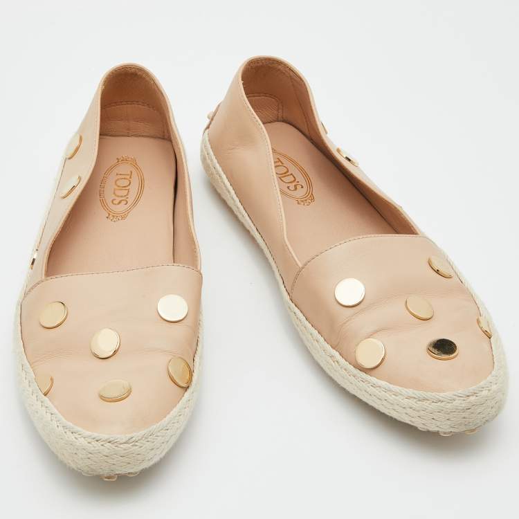 Pre Owned Tod's Beige Leather Studded Espadrille Ballet Flats Size 37.5