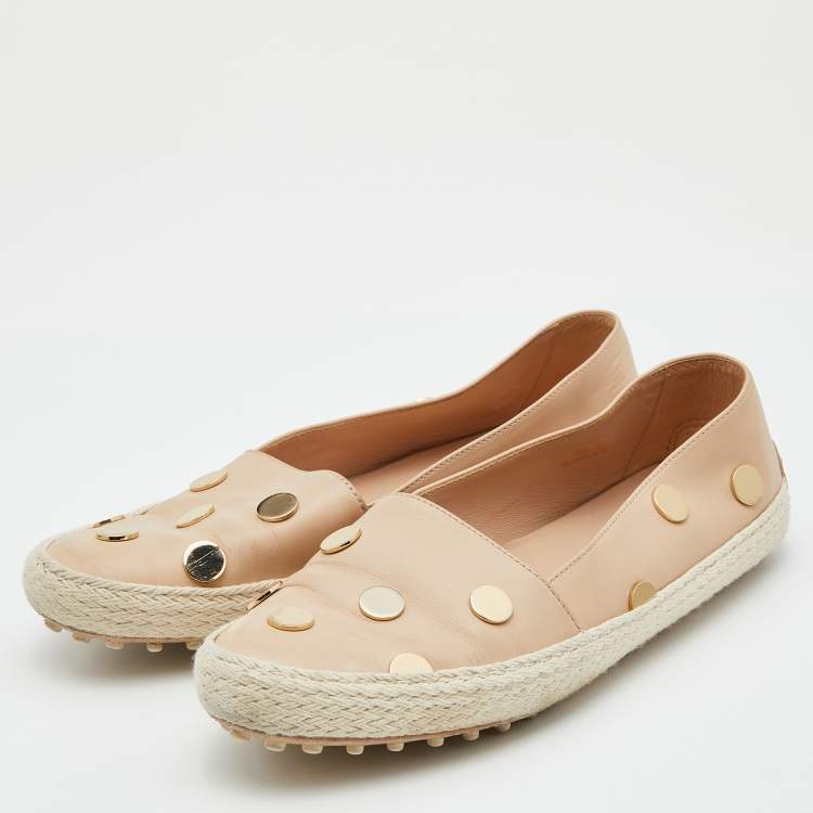 Pre Owned Tod's Beige Leather Studded Espadrille Ballet Flats Size 37.5