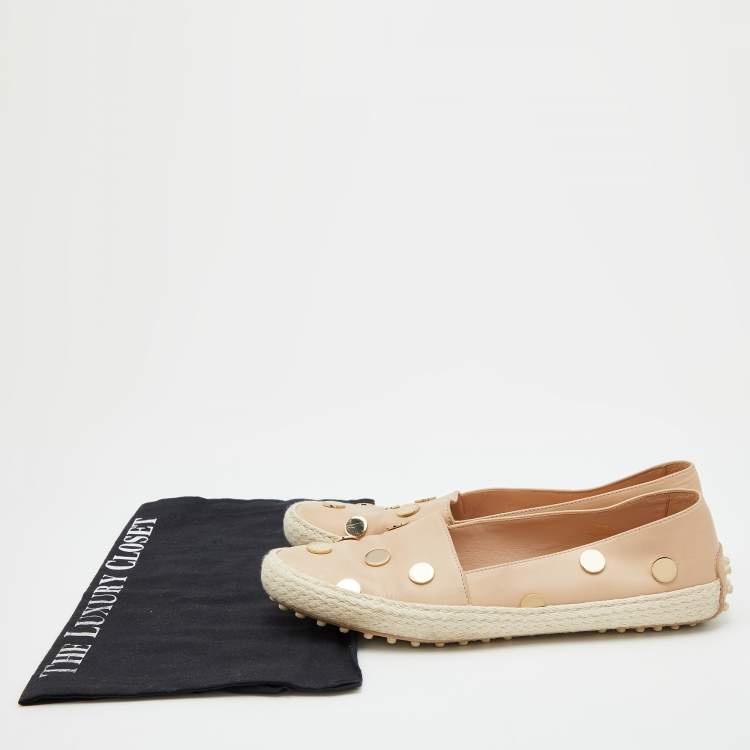 Pre Owned Tod's Beige Leather Studded Espadrille Ballet Flats Size 37.5