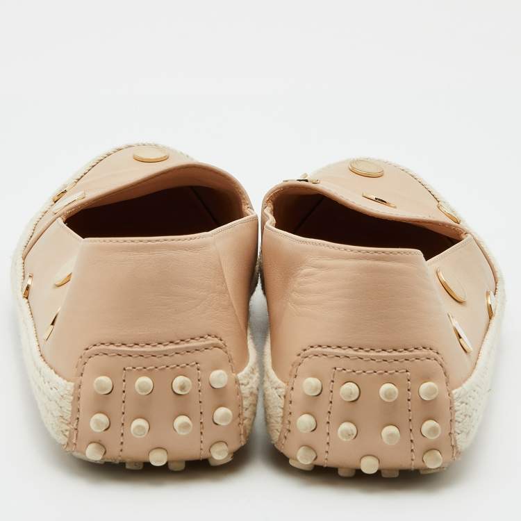 Pre Owned Tod's Beige Leather Studded Espadrille Ballet Flats Size 37.5