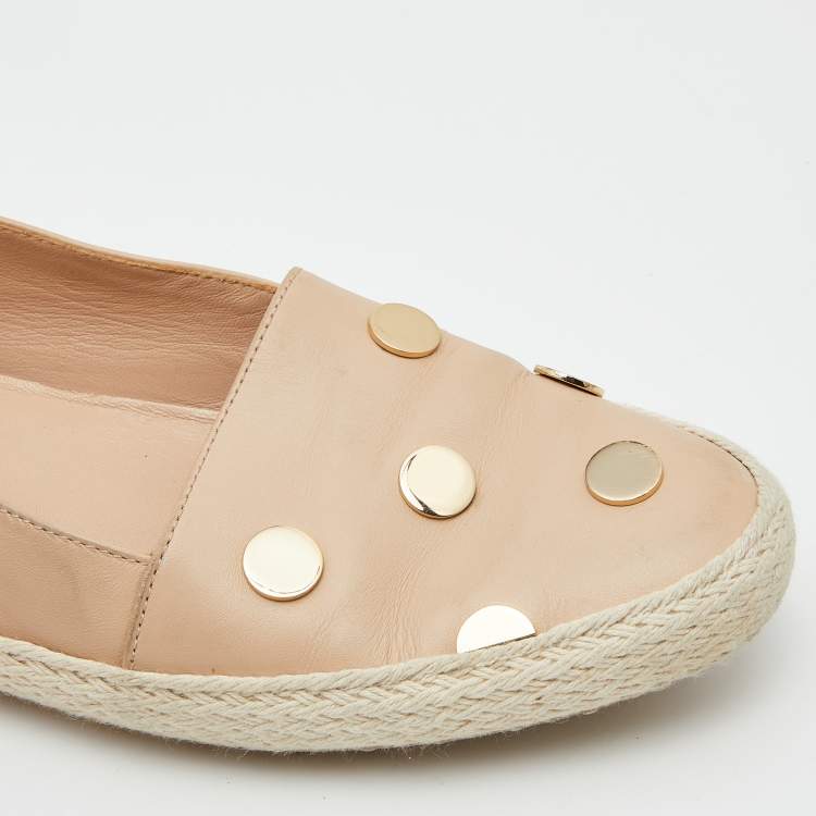 Pre Owned Tod's Beige Leather Studded Espadrille Ballet Flats Size 37.5
