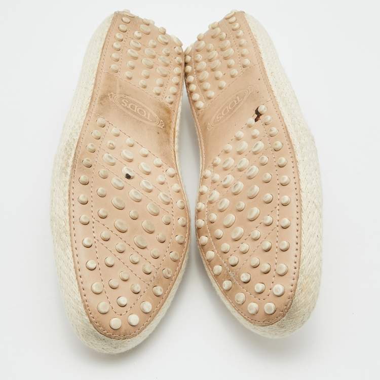 Pre Owned Tod's Beige Leather Studded Espadrille Ballet Flats Size 37.5