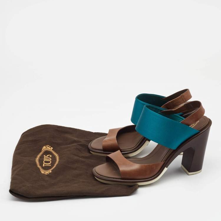 Pre Owned Tod's Blue/Brown Leather and Satin Block Heel Slingback Sandals Size 39