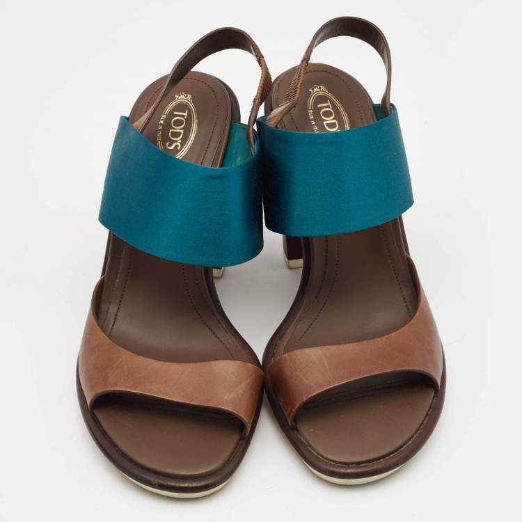Pre Owned Tod's Blue/Brown Leather and Satin Block Heel Slingback Sandals Size 39