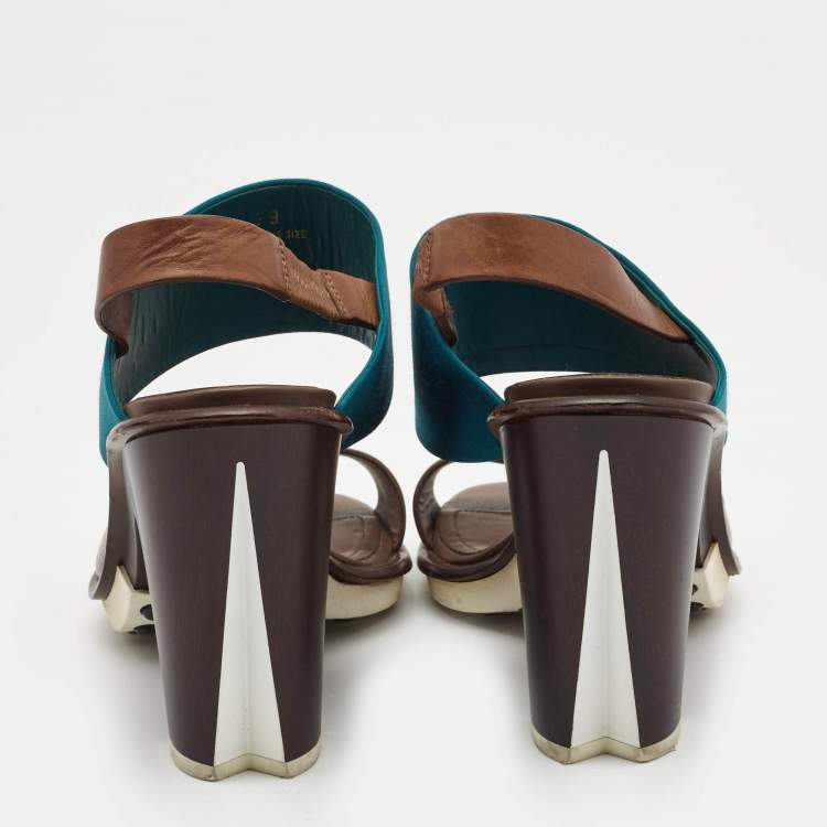 Pre Owned Tod's Blue/Brown Leather and Satin Block Heel Slingback Sandals Size 39