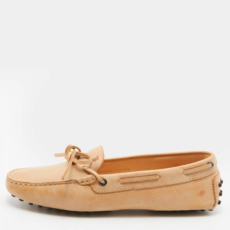 Pre Owned Tod's Beige Leather Bow Slip On Loafers Size 38