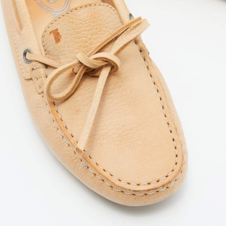 Pre Owned Tod's Beige Leather Bow Slip On Loafers Size 38