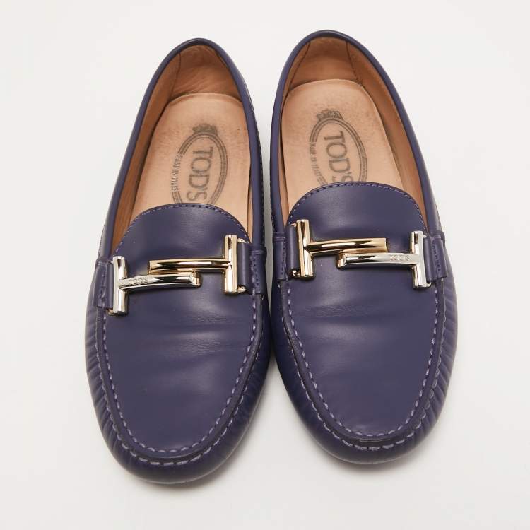 Pre Owned Tod's Blue Leather Double T Slip On Loafers Size 36.5