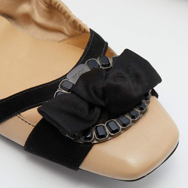 Pre Owned Tod's Beige/Black Leather and Suede Cap Toe Buckle Detail Scrunch Ballet Flats Size 38.5