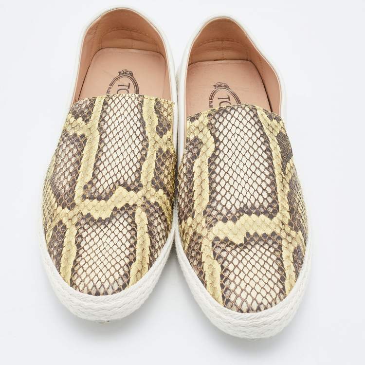 Pre Owned Tod's White/Yellow Python and Leather Espadrille Loafers Size 37