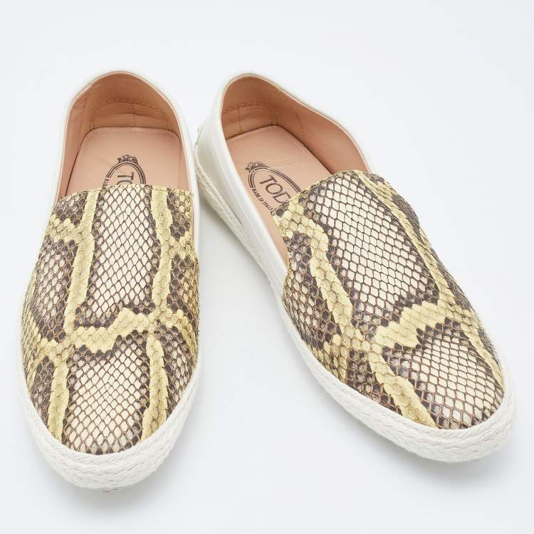 Pre Owned Tod's White/Yellow Python and Leather Espadrille Loafers Size 37