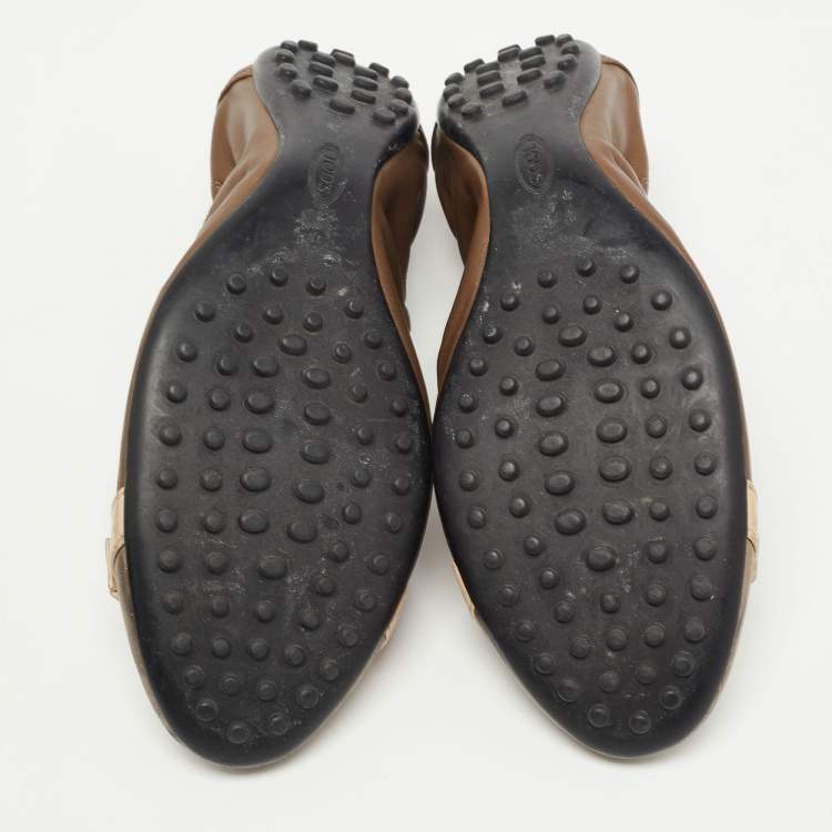 Pre Owned Tod's Brown/Metallic Leather Cap Toe Buckle Detail Scrunch Ballet Flats Size 38.5