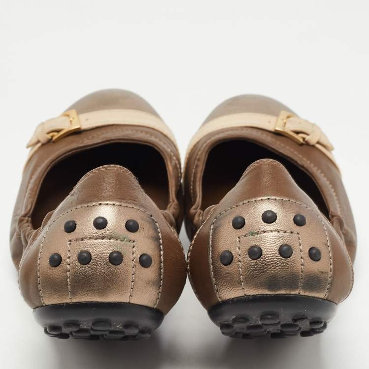 Pre Owned Tod's Brown/Metallic Leather Cap Toe Buckle Detail Scrunch Ballet Flats Size 38.5