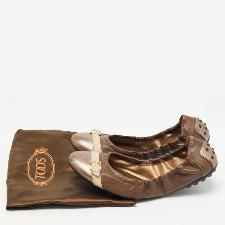 Pre Owned Tod's Brown/Metallic Leather Cap Toe Buckle Detail Scrunch Ballet Flats Size 38.5