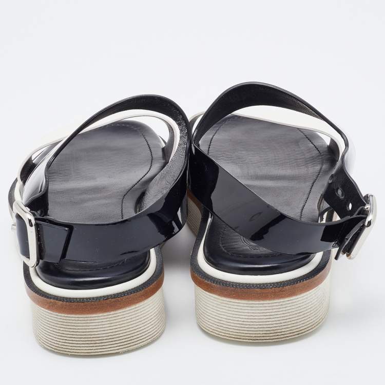 Pre Owned Tod's Black/White Patent Leather Slingback Flat Sandals Size 37.5