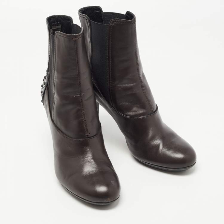 Pre Owned Tod's Dark Brown Leather Ankle Booties Size 37.5