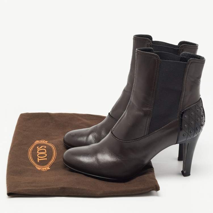 Pre Owned Tod's Dark Brown Leather Ankle Booties Size 37.5