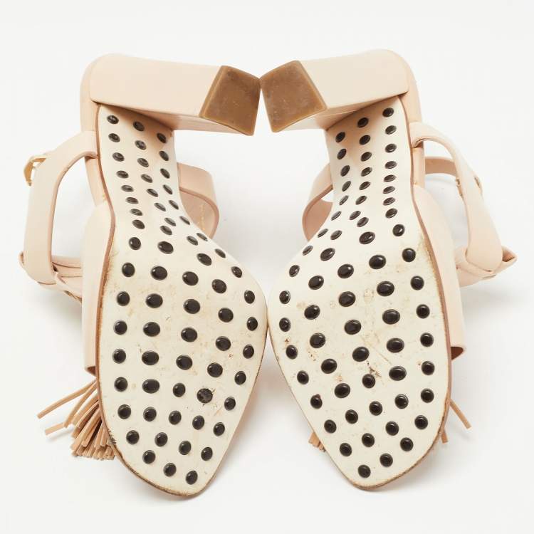 Pre Owned Tod's Beige Leather Fringe Detail Ankle Strap Sandals Size 39