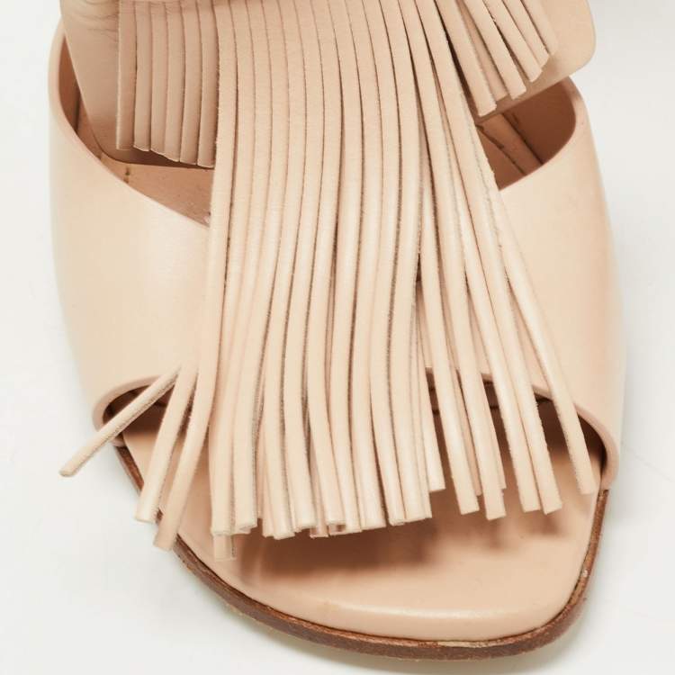 Pre Owned Tod's Beige Leather Fringe Detail Ankle Strap Sandals Size 39