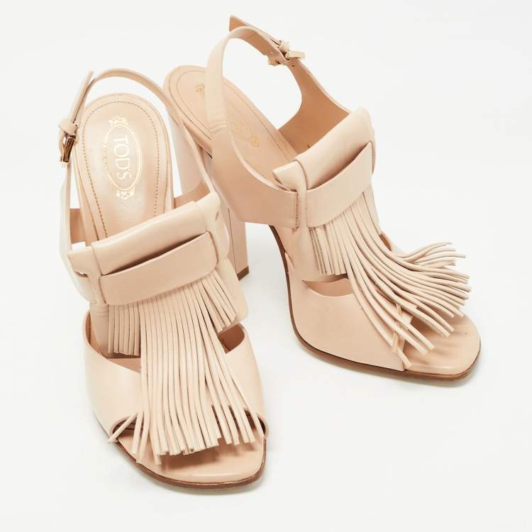 Pre Owned Tod's Beige Leather Fringe Detail Ankle Strap Sandals Size 39