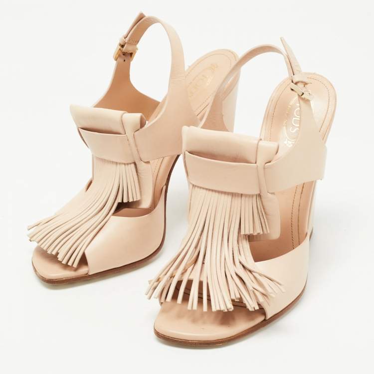 Pre Owned Tod's Beige Leather Fringe Detail Ankle Strap Sandals Size 39