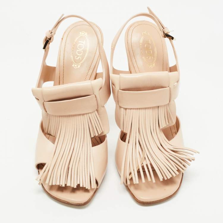 Pre Owned Tod's Beige Leather Fringe Detail Ankle Strap Sandals Size 39