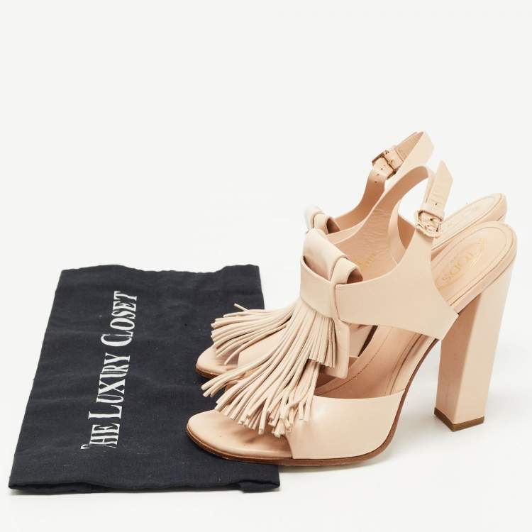 Pre Owned Tod's Beige Leather Fringe Detail Ankle Strap Sandals Size 39