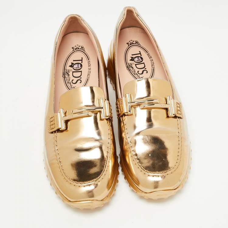 Pre Owned Tod's Gold Leather  Double T Buckle Loafers Size 39.5