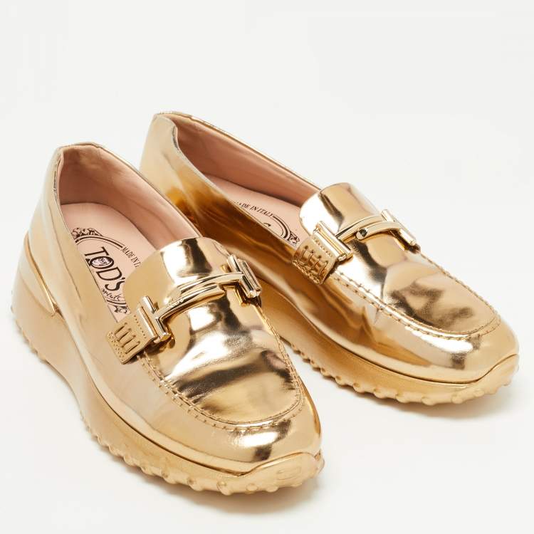 Pre Owned Tod's Gold Leather  Double T Buckle Loafers Size 39.5