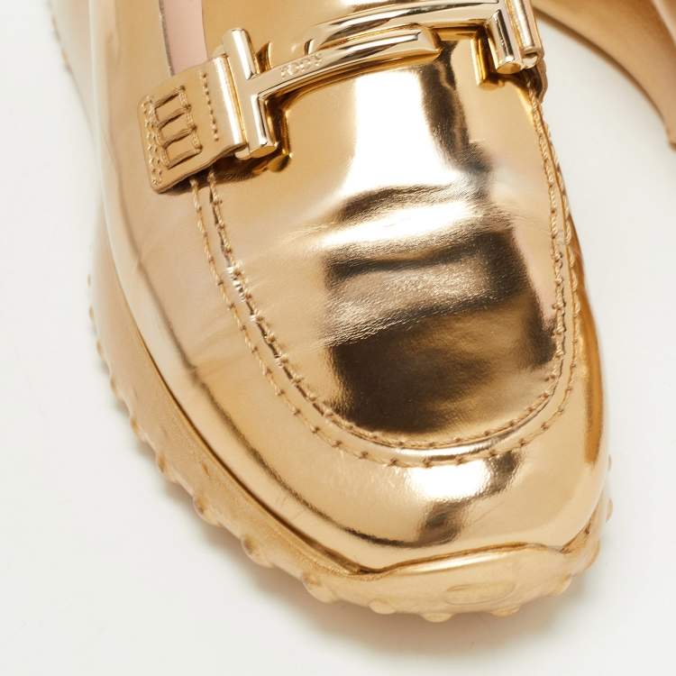Pre Owned Tod's Gold Leather  Double T Buckle Loafers Size 39.5