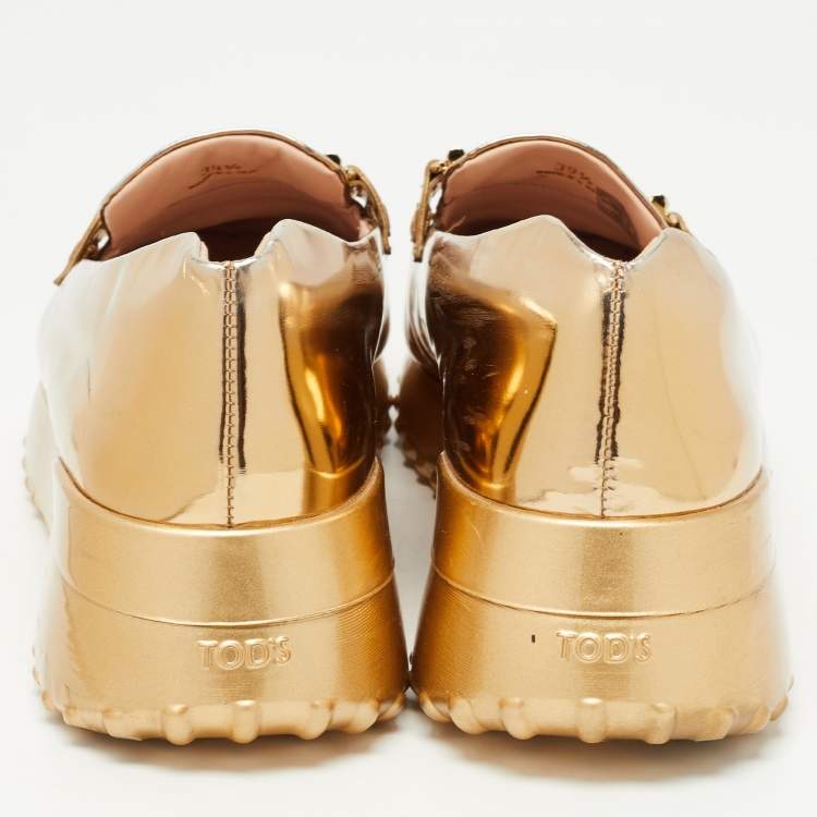 Pre Owned Tod's Gold Leather  Double T Buckle Loafers Size 39.5