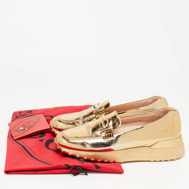 Pre Owned Tod's Gold Leather  Double T Buckle Loafers Size 39.5