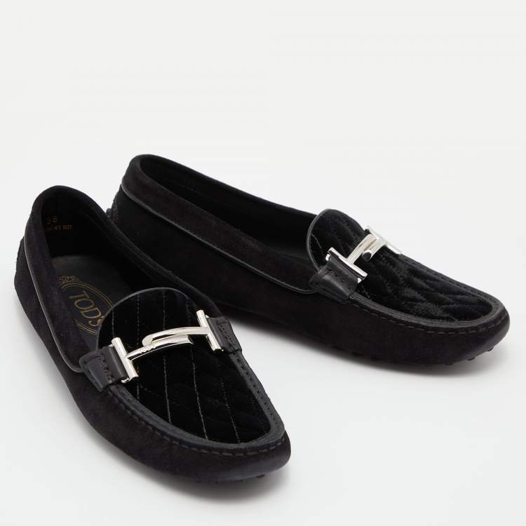 Pre Owned Tod's Black Suede and Velvet Slip on Loafers Size 38