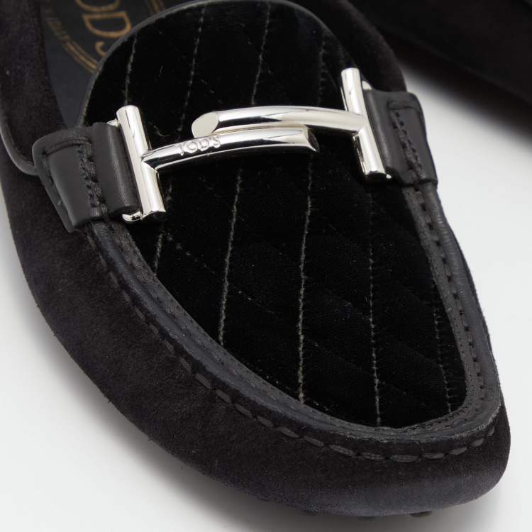 Pre Owned Tod's Black Suede and Velvet Slip on Loafers Size 38
