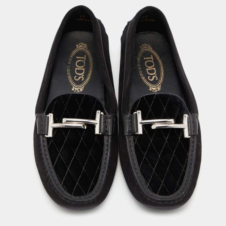 Pre Owned Tod's Black Suede and Velvet Slip on Loafers Size 38