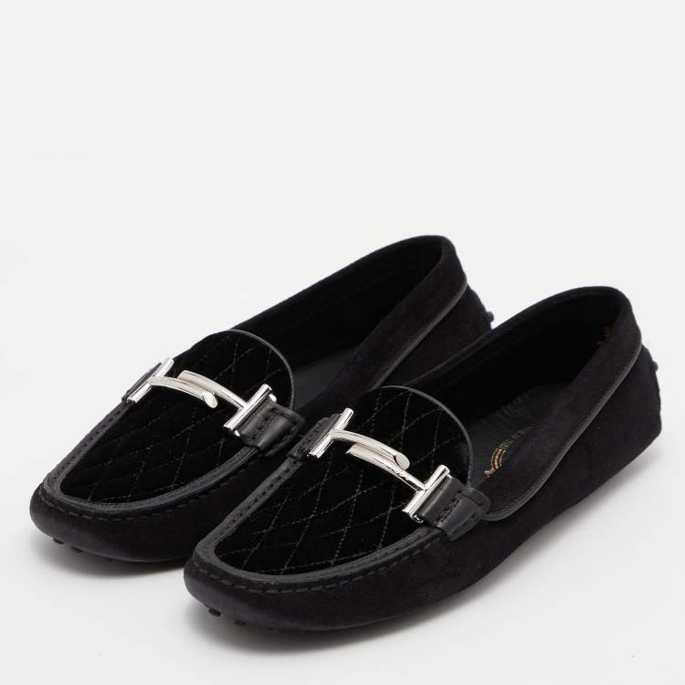 Pre Owned Tod's Black Suede and Velvet Slip on Loafers Size 38