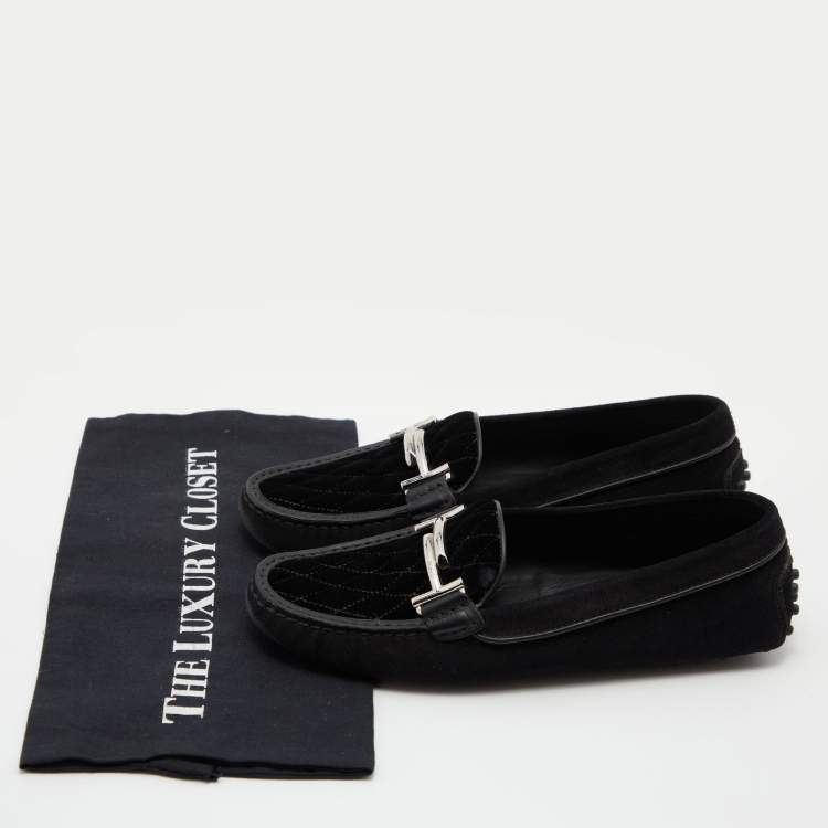 Pre Owned Tod's Black Suede and Velvet Slip on Loafers Size 38