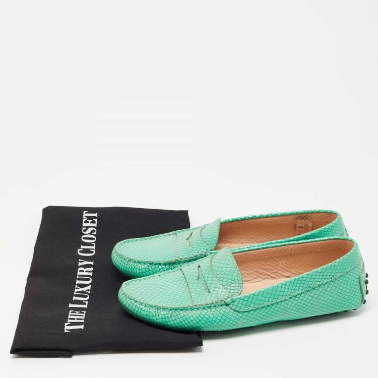 مملوكة مسبقًا Tod's Green Python Embossed Leather Penny Loafers Size 37